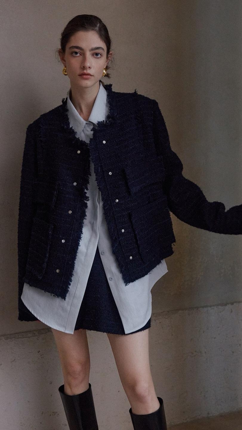 COLNE  울 트위드  탓셀 크루 넥 로우 엣지 쇼트 코트 레이디스