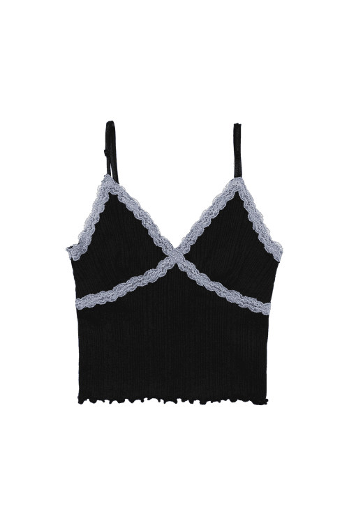 LACE RIBBED CAMI TOP (BLACK)