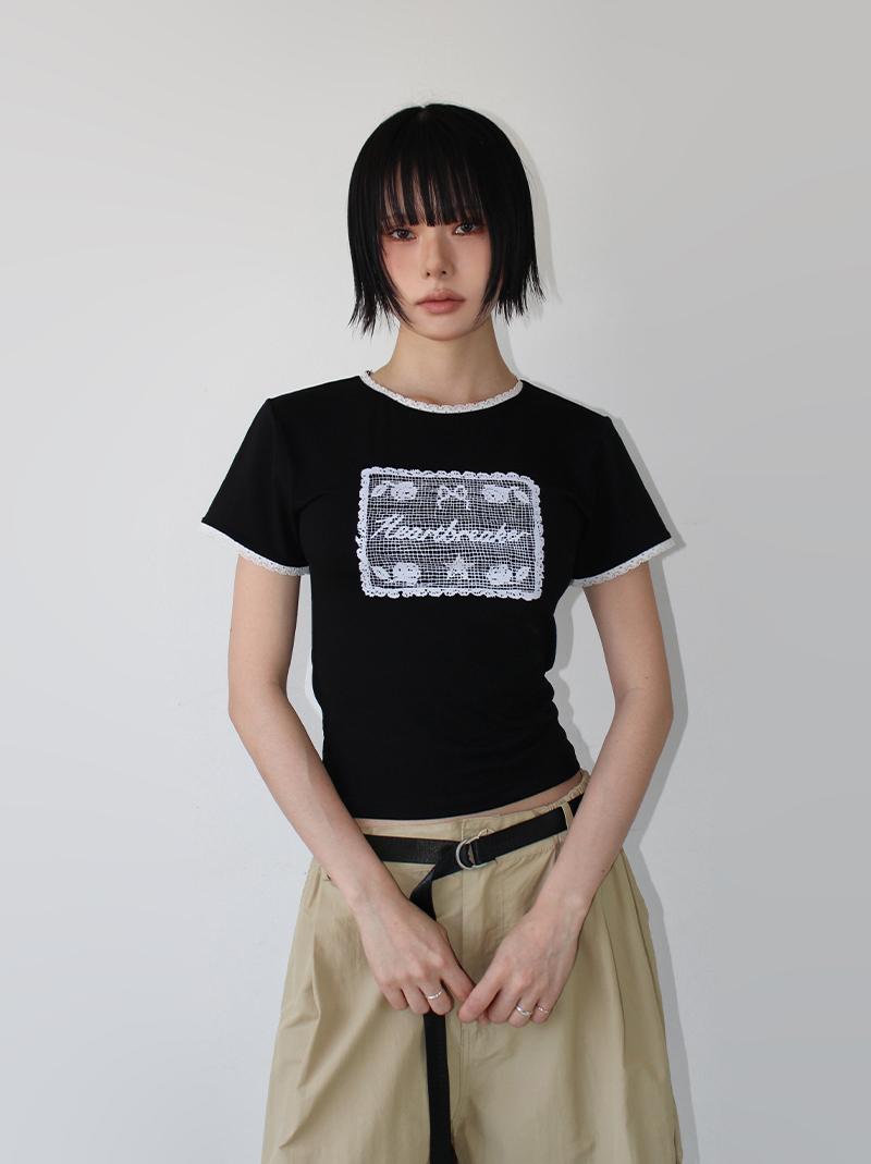 (*당일발송) ROSE LACE HALF T (white / black)