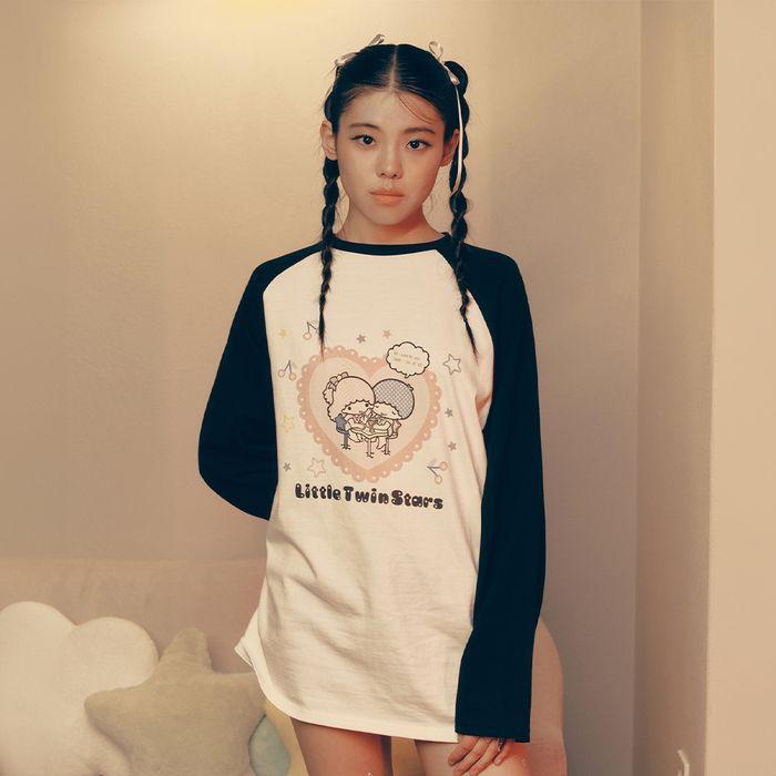 YOUHEE X LITTLE TWIN STAR HEART RAGLAN LONG SLEEVE BLACK