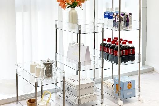 4단 투명 아크릴 이동식 트롤리 선반 세탁실 틈새 수납장 선반 미드센츄리