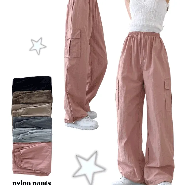 *당일 발송* [카고! / 나일론] 얇고 편해요. 나일론 루즈핏 스포티 카고 트레이닝 팬츠