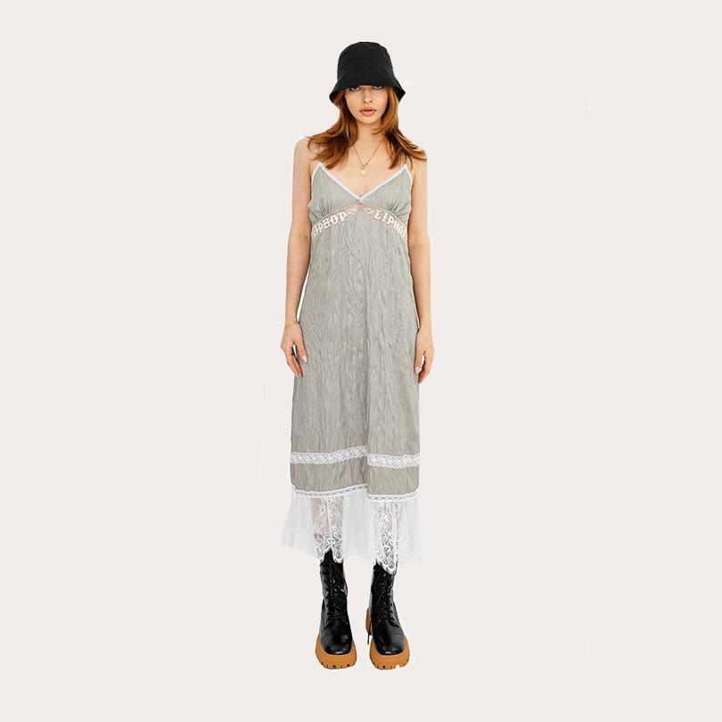 립합 레이스 메쉬 롱 원피스