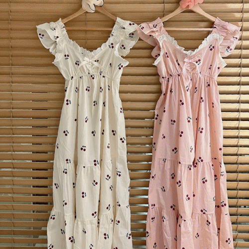 국내제작 프릴 체리쥬빌레 민소매 롱 원피스 홈웨어