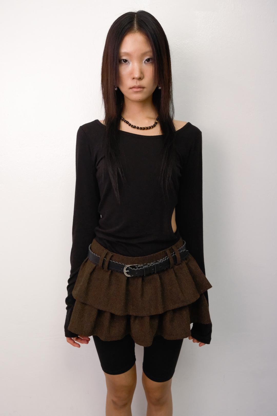 Darling Herringbone Tiered Mini Skirt *DARK BROWN