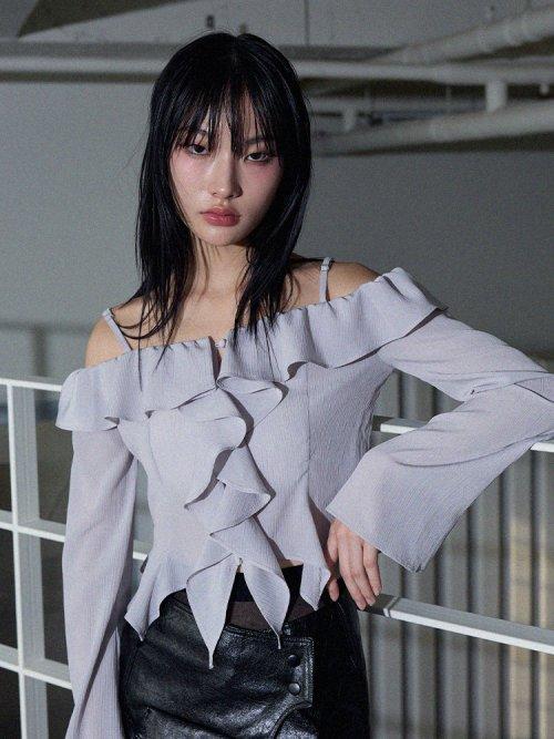 오프숄더 프릴블라우스 GY