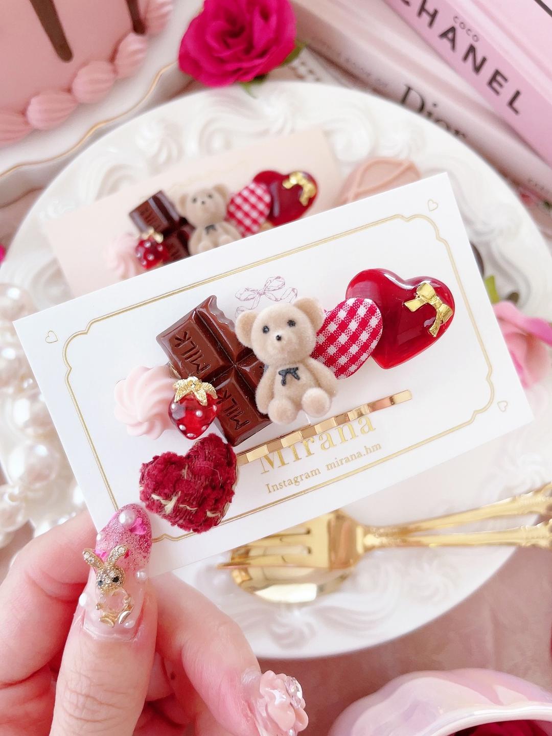 Strawberry chocolate teddy bear hair clip set | Mirana powered by BASE