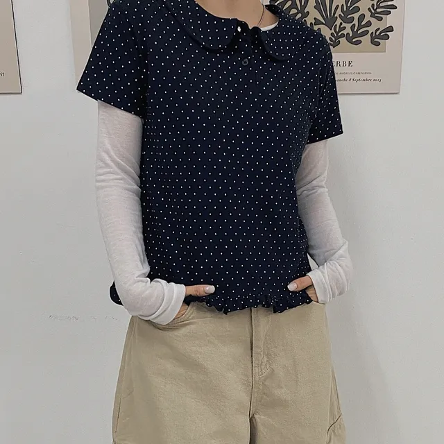 [2TYPE] 러블 도트 카라 프릴 PK 피케 카라 반팔 티 - 3color