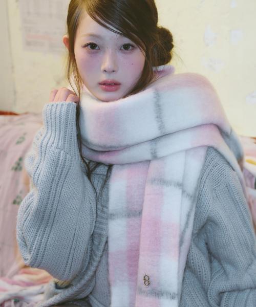 코유 체크 오버 머플러 [SNOW PINK]