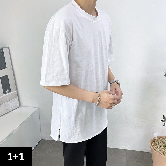 [1+1] 남자 무지 트임 롱 레이어드 기본 반팔 티셔츠 3컬러