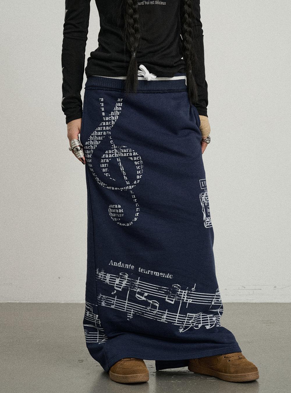 Music Note Pattern Banded Long Skirt (2color)