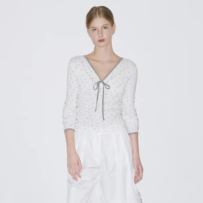 Flower Neck Ribbon T-Shirt (White)