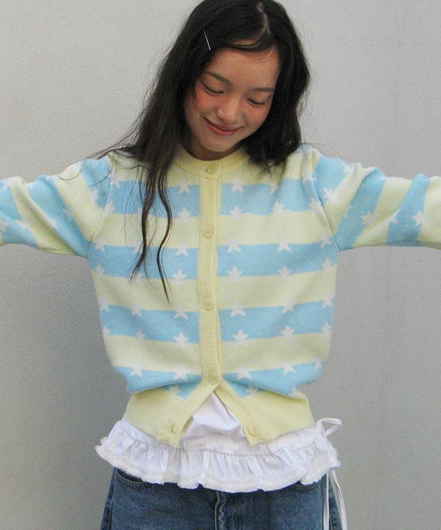 STRIPE STAR PATTERN KNIT CARDIGAN YELLOW BLUE