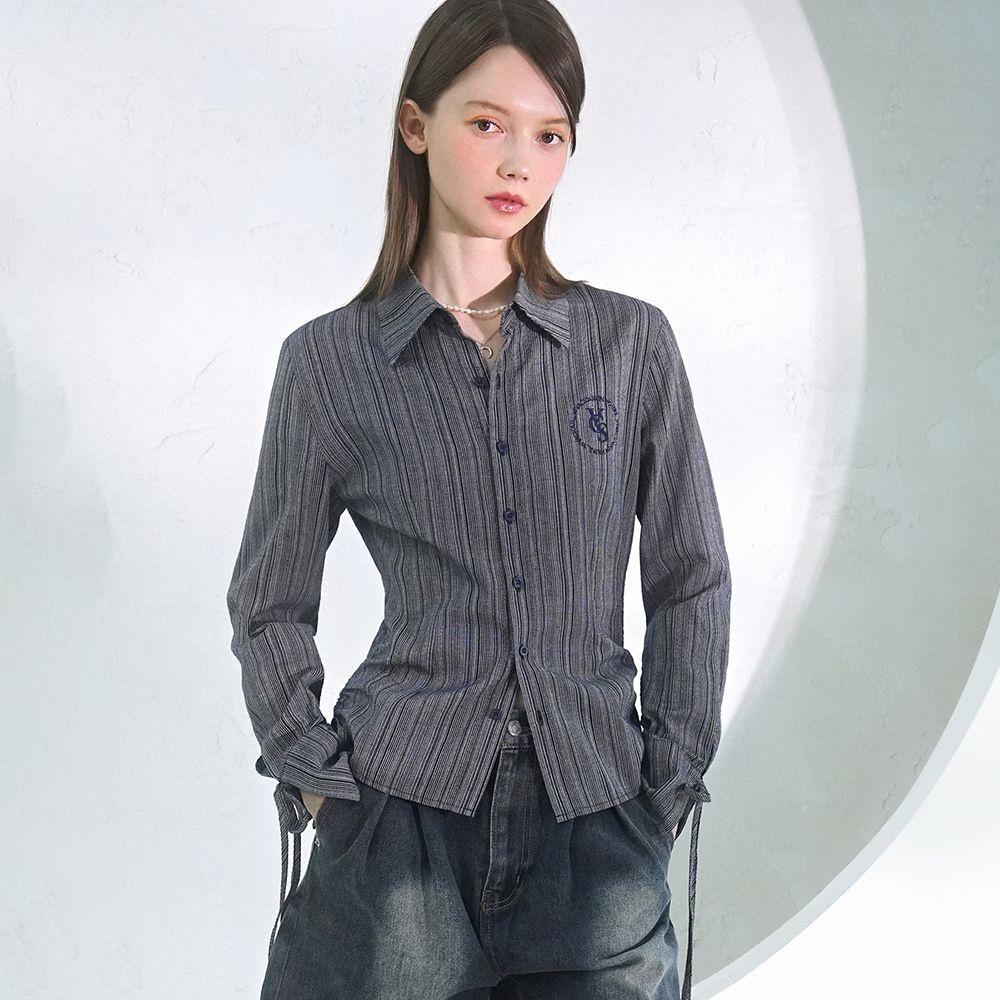 Sweet Ribbon Shirring Shirt NAVY