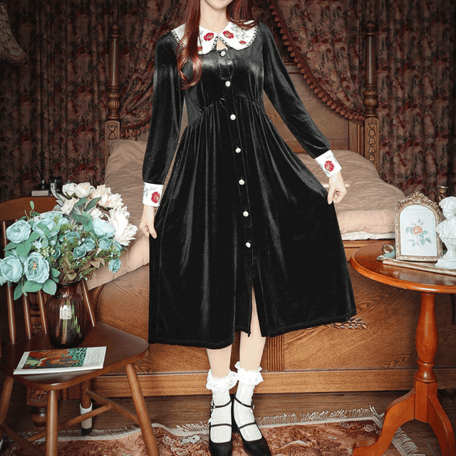 나탈리 장미 자수 카라 배색 벨벳 롱 원피스 op0278