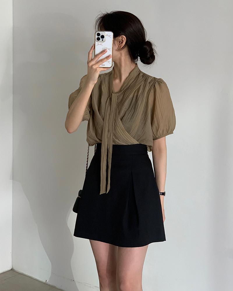 [당일배송 연핑크,골드브라운] 벌룬 여름 하객룩 타이 반팔블라우스