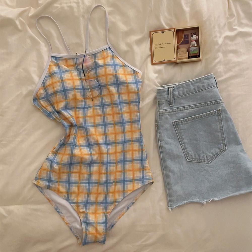 [당일발송/긱시크]러브 레트로 옐로우 체크 모노키니 수영복 바캉스 호캉스 빅사이즈