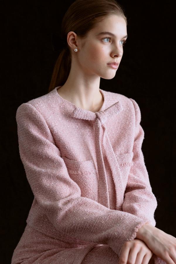 LARA Round neck ribbon tied tweed jacket (Pink)