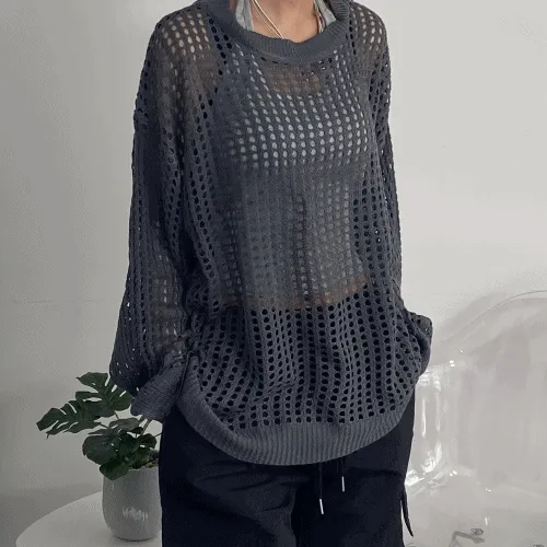 (4 color) 펀칭 그물 루즈핏 니트