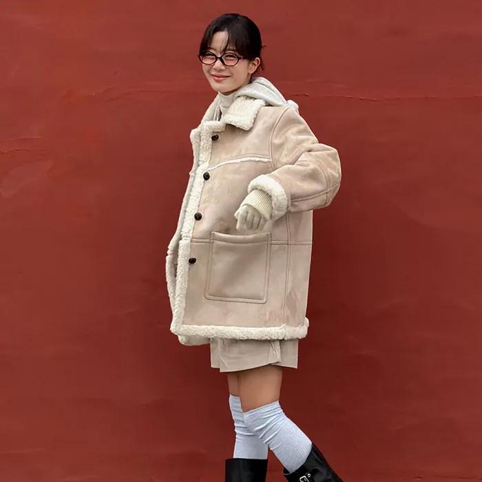 Wool shearing collar suede mustang coat_Beige