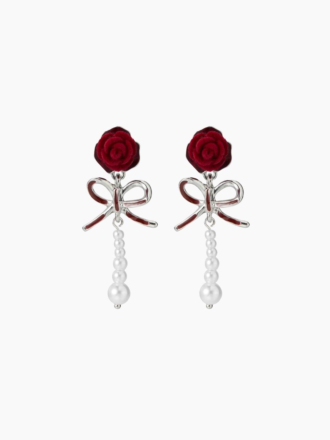 FLORAL & BOW & FAUX PEARL DROP EARRINGS