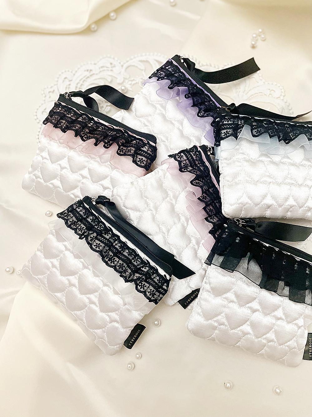 [ORDER] Double Lace Heart Satin Zip-pouch (S/6color)