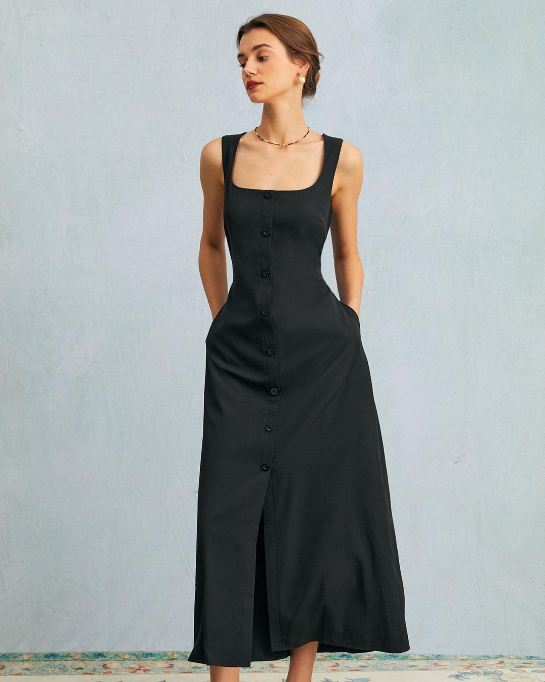 The Black U Neck Tie Back Sleeveless Maxi Dress - Black / L