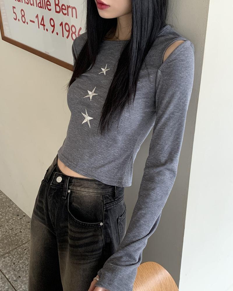 스컬 그레이 별 자수 트임 워머 티셔츠