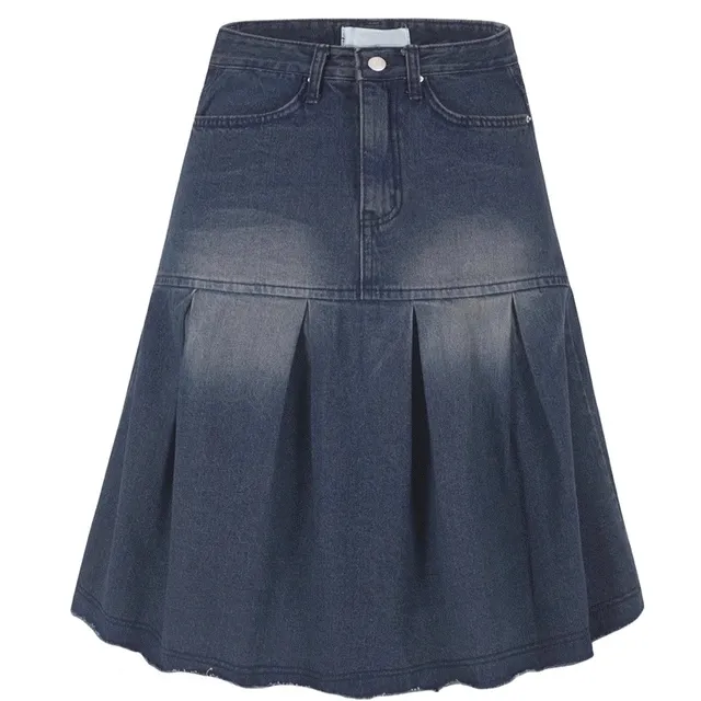 아메카지 플레어 빈티지 데님 플리츠 미디 스커트