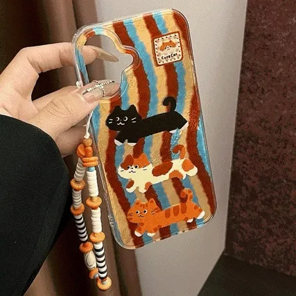 16오픈! 홀로그램💓웨이브 냥냥이💓비즈키링 범퍼케이스 아이폰케이스 유니크 특이한 15프로맥스 14프로맥스 16프로맥스 귀여운 키치 감성 레트로