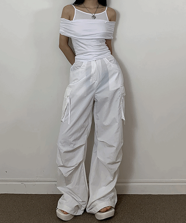 솔트 데일리 핀턱 나일론 와샤 스트링 카고 와이드 조거 팬츠(블랙,화이트,카키)