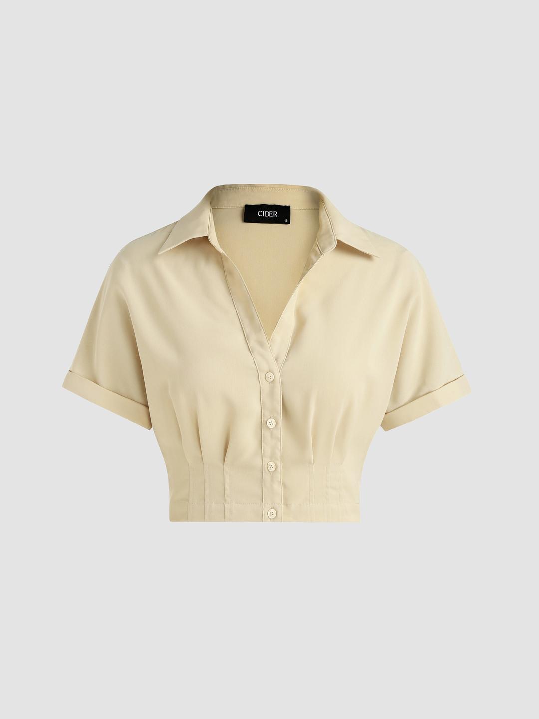 칼라 솔리드 플리츠 반소매 블라우스