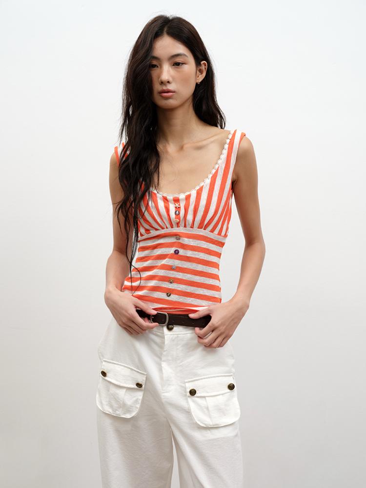 Lvetong Round neck splicing stripe sleeveless