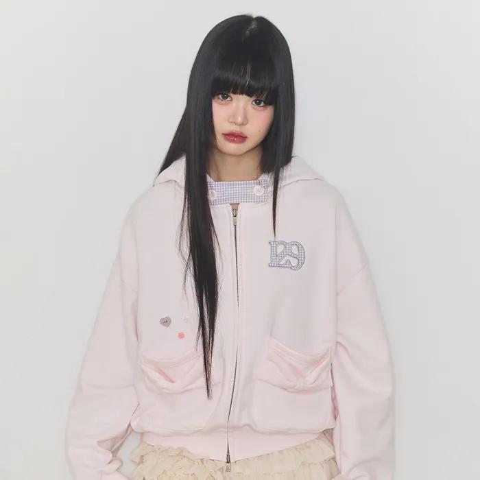 체커 보우 포켓 후드 집업 베이비 핑크