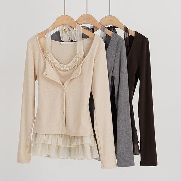 [44~66반/3컬러] 레이스 홀터 가디건 티셔츠 레이어드룩 나시가디건 긴팔티 긴팔티셔츠 데이트룩 에겐녀