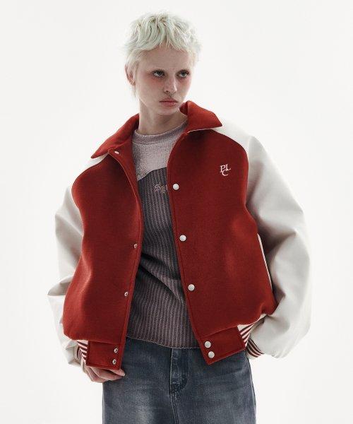 레글런 오버핏 배색 버튼 바시티 자켓 점퍼 [레드]