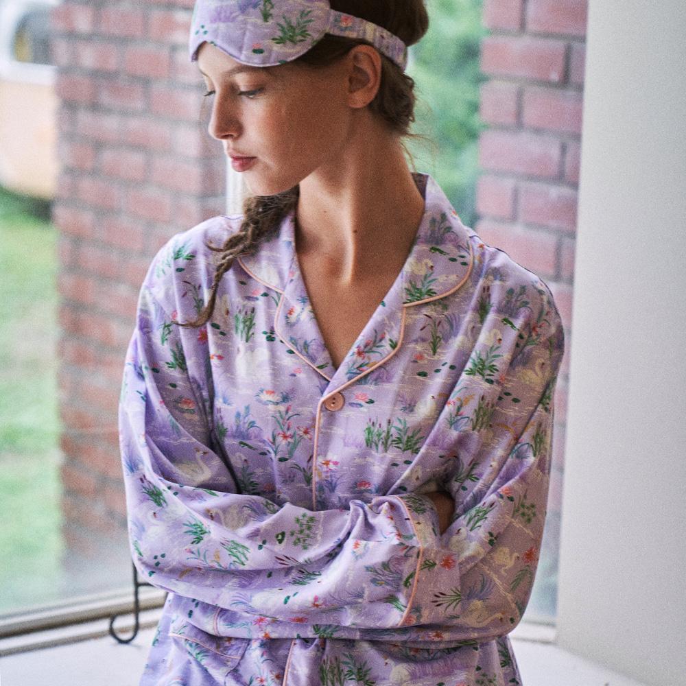 텐셀 모달 퍼플 스완 패턴 긴팔 세트 여성 커플 잠옷