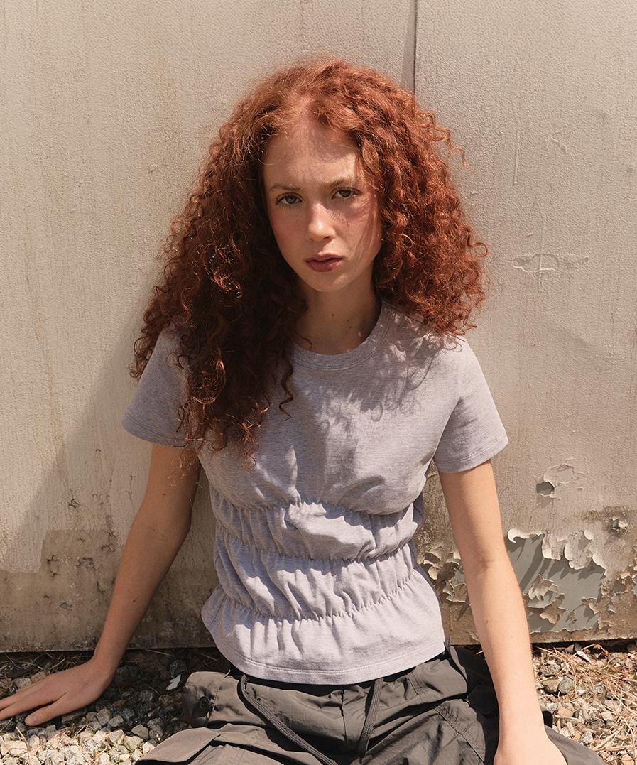 WAVE SHIRRING HALF TEE - GREY