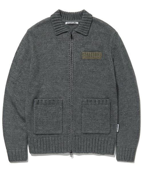 CHEST PATCH ZIP-UP CARDIGAN [MELANGE GRAY]