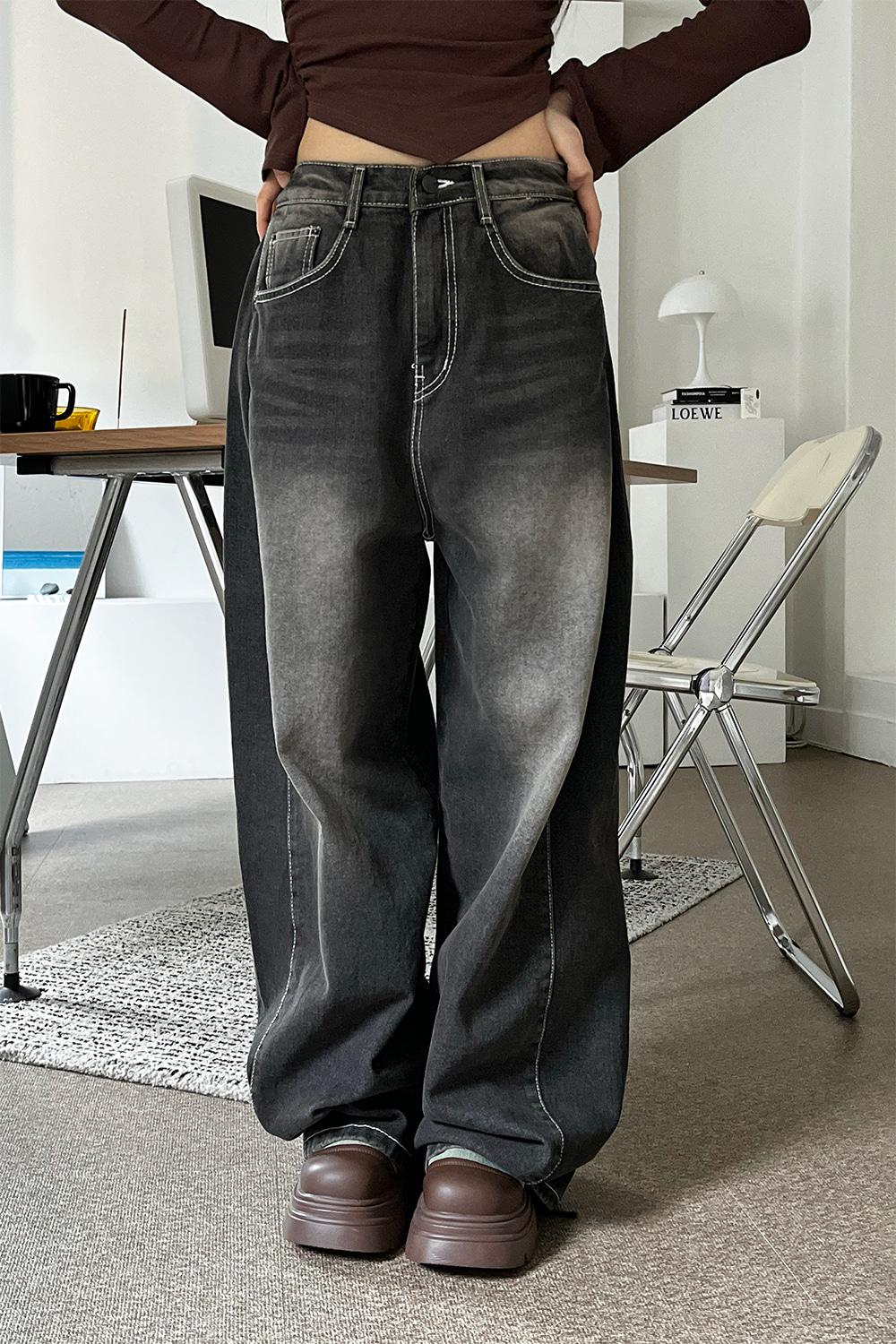 슬린 사이드 포인트 블랙 와이드 데님 팬츠