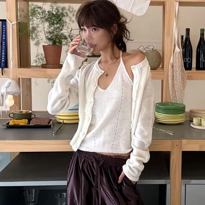 [제현경 착용] RUFFLE WOOL KNIT CARDIGAN SET IVORY