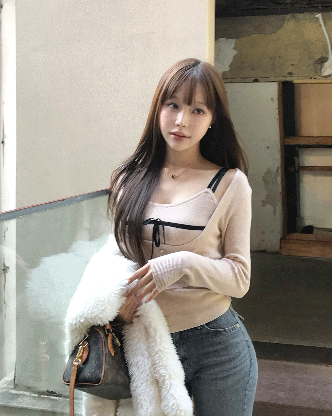 [ 로맨틱💌 ] 글레이즈 ribbon 버튼 골지 TOP SET