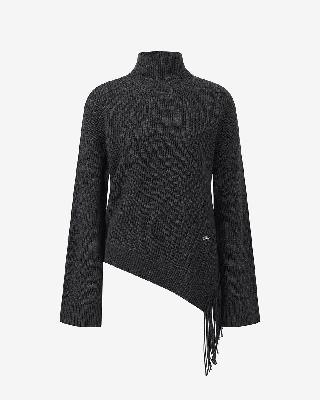 FRINGE HIGHNECK KNIT PULLOVER_DARK GRAY