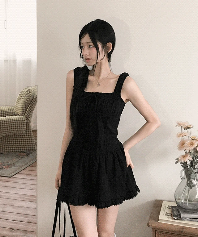 [리본스트랩/레이어드템] 리하 프릴 레이스 핀턱 미니 원피스