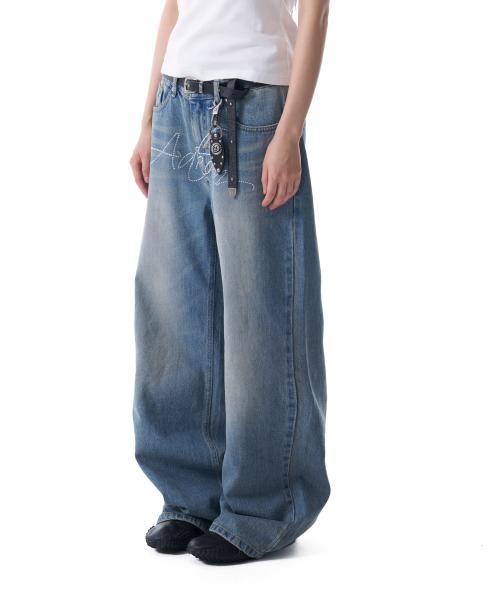 Rhinestone Washed Denim Pants (Blue)