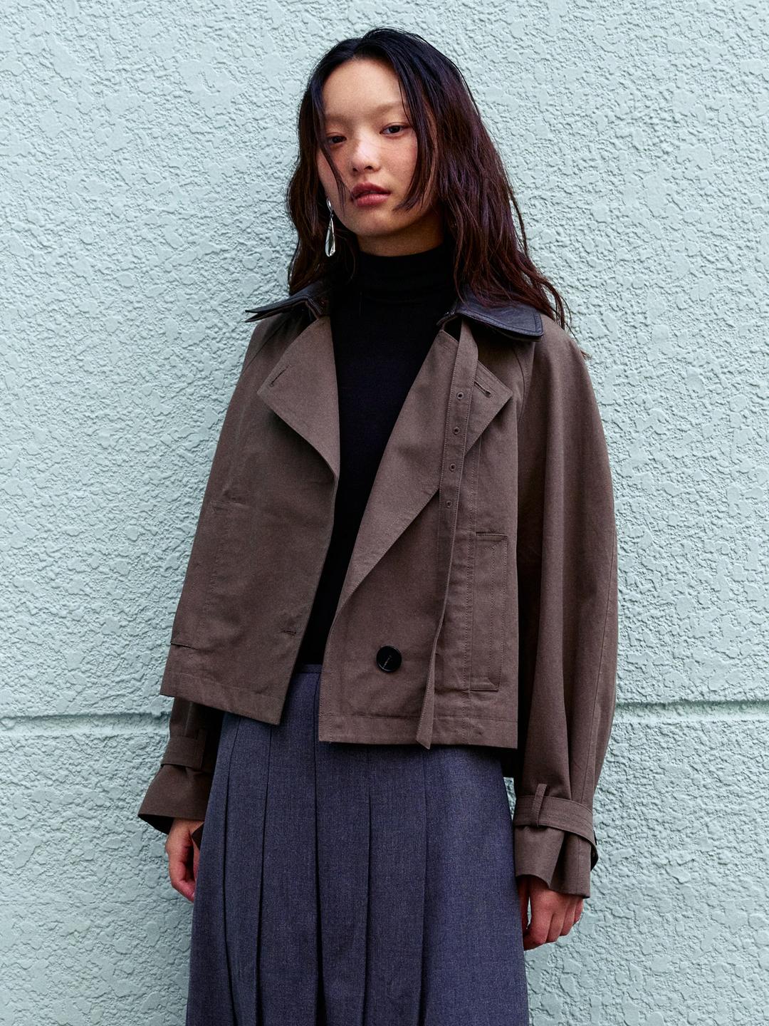 Leather Collar Short Trench Coat - Khaki