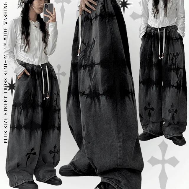 🔥주문폭주🔥 [키치룩🖤/허얇골넓] 44-88 빅사이즈 스트릿 십자가 세미벌룬 와이드 워싱 팬츠