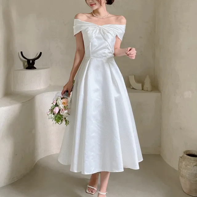 리본 오프숄더 원피스, 플레어 화이트 빅사이즈 셀프웨딩 브라이덜샤워 스냅 드레스