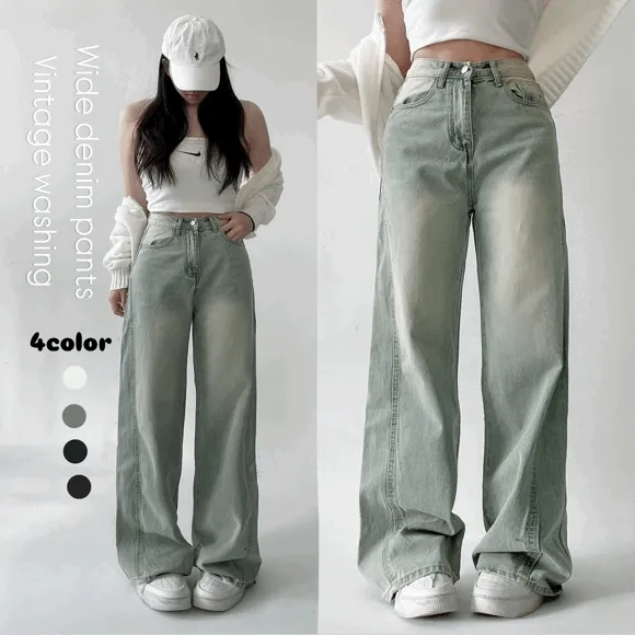 ~XL,숏&롱/핏보장🖤절개라인 와이드 빈티지 워싱 하이웨스트 데님 롱 팬츠 키작녀 키큰녀 빅사이즈 청바지 기장선택 4color