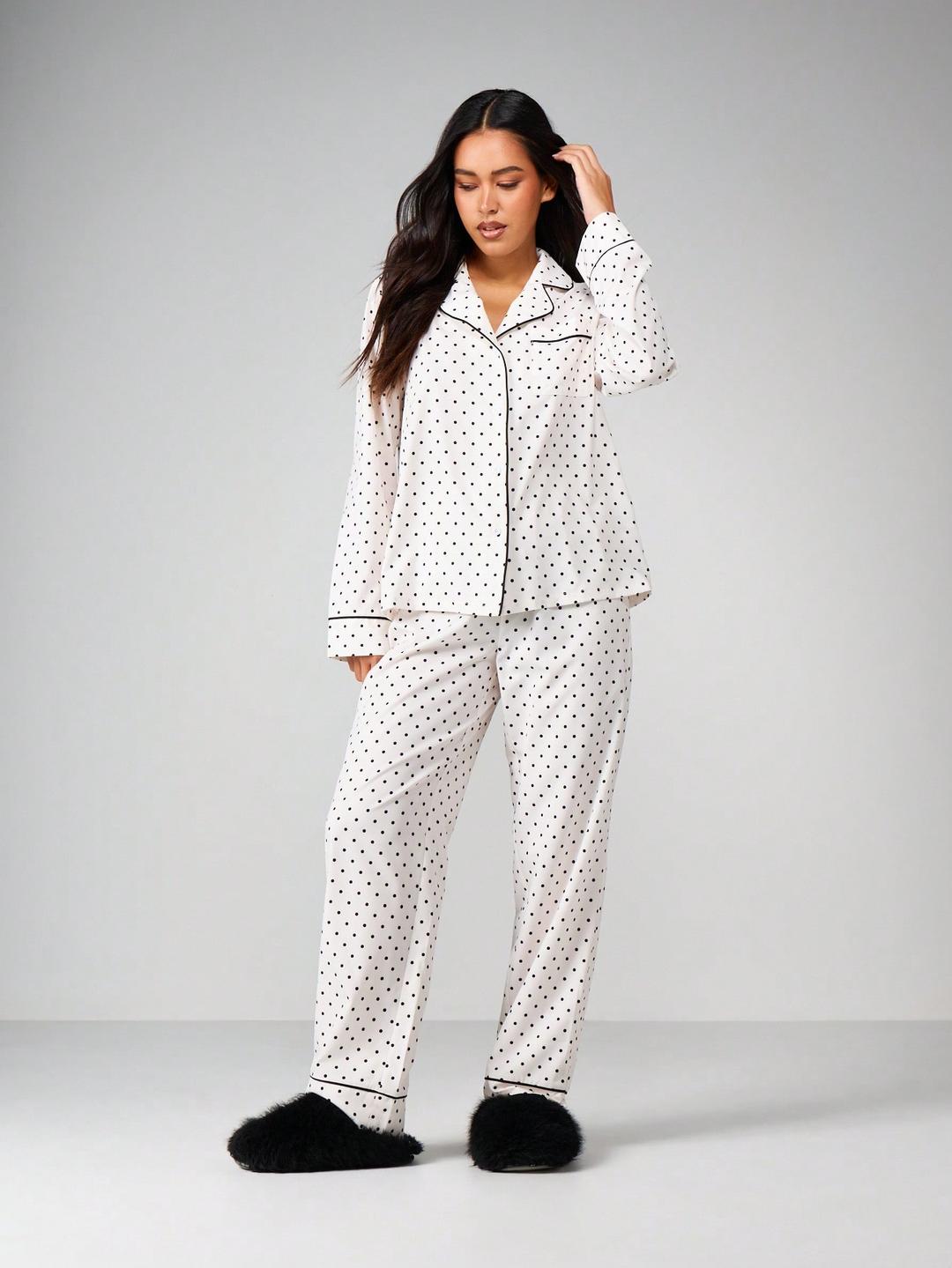 MISSGUIDED 버튼업 탑이 있는 물방울 무늬 파자마 세트